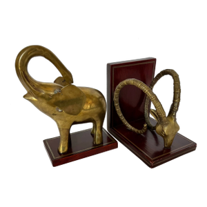 Vintage Brass Bookends - Baby Elephant and Ibex - A Pair