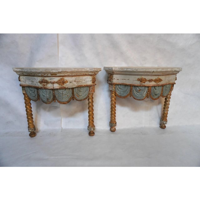 Rococo Pair of 19th Century Italian Painted & Parcel Gilt Consoles by Mla For Sale - Image 3 of 18