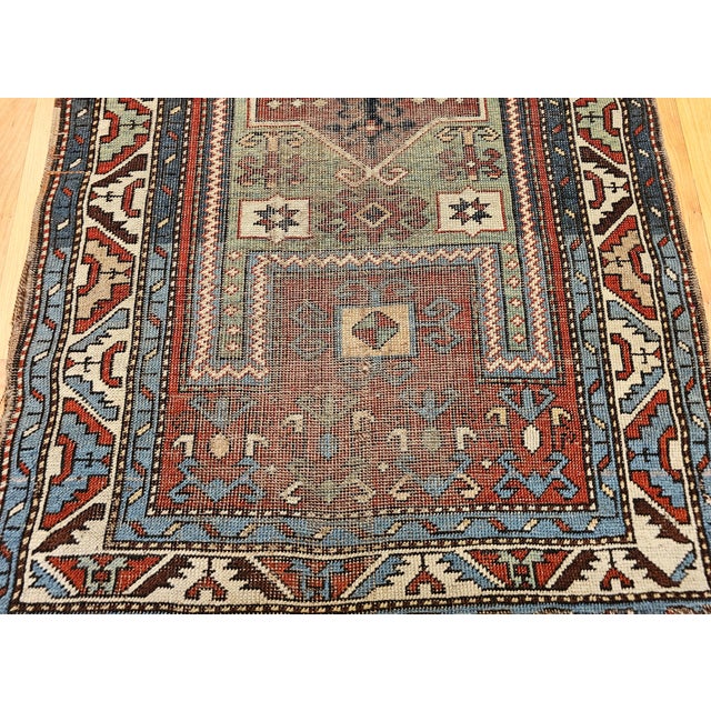 Early 20th Century Antique Fachralo Kazak Area Rug in Red, Sage Green, Ivory, Blue For Sale - Image 5 of 14