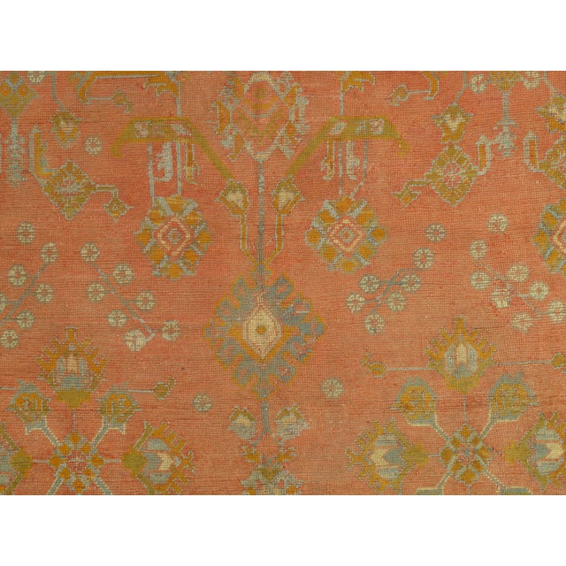 Antique Oushak Carpet, Oriental Rug, Handmade Rug Saffron, Light Blue and Coral For Sale - Image 10 of 18