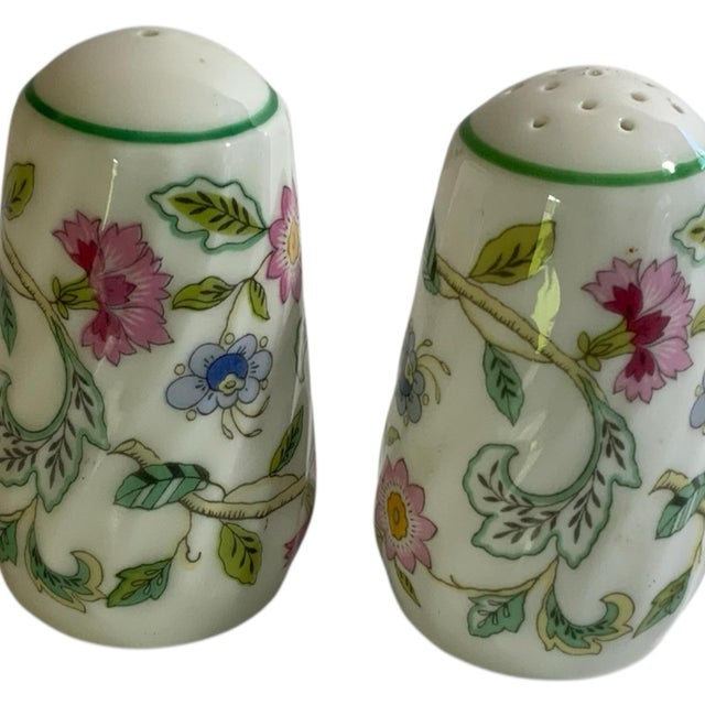 Vintage Minton Haddon Hall Salt &amp; Pepper Shaker Fine Bone China Green Trim Made in England 1948-2011. Each Approx. 2...