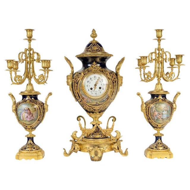 Sèvres Porcelain Mantel Set in Gilded Bronze, 1800s, Set of 3 For Sale - Image 16 of 16