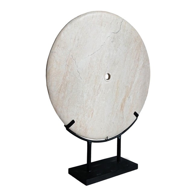 Contemporary Hand-Carved Marble Disk on Stand, 24 Inches, Indonesia, Contemporary For Sale - Image 3 of 18