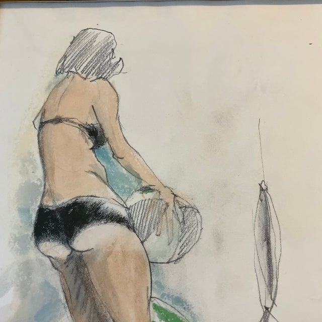 Illustration 1960’s Original Illustrative Expressionist Beach Scene Pencil Drawing For Sale - Image 3 of 4