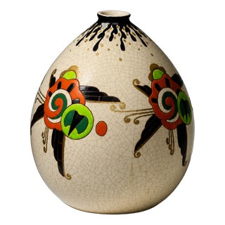Art Deco Vase in Crackle-Glazed Ceramic with J. Martinache Decoration from Orchies Factory, France, 1930s For Sale