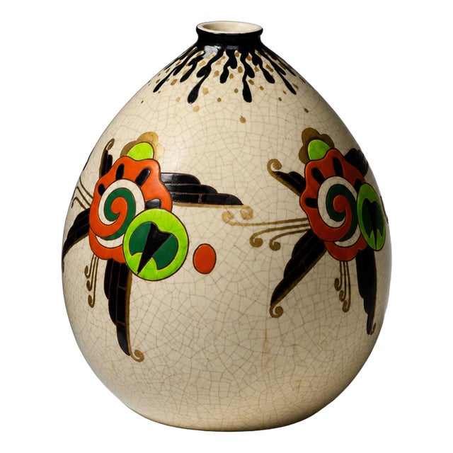 Art Deco Vase in Crackle-Glazed Ceramic with J. Martinache Decoration from Orchies Factory, France, 1930s For Sale