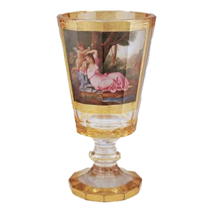 Mid-19th Century Neoclassical Gilt Footed Glass Goblet/Cup With Hand-Made Paint