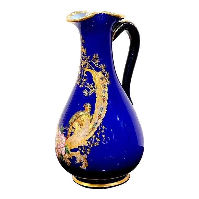 19th Century Magnificent French Cobalt Gilt Enameled Ewer, Bird of Paradise in Landscape For Sale