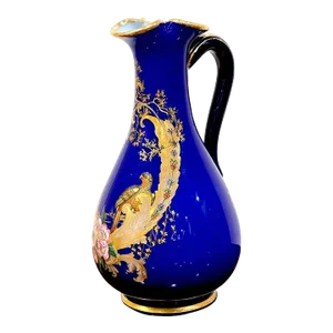 19th Century Magnificent French Cobalt Gilt Enameled Ewer, Bird of Paradise in Landscape