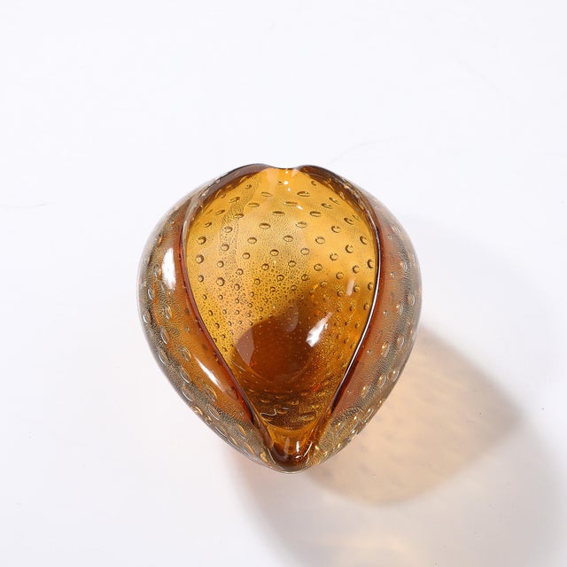 Glass Mid-Century Hand-Blown Murano Amber Bullicante Glass Dish W/ 24kt Gold Flecks For Sale - Image 7 of 14