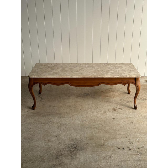 Wood Vintage French Provincial Coffee Table With Brecciated Marble Top, C. 1950s For Sale - Image 7 of 16