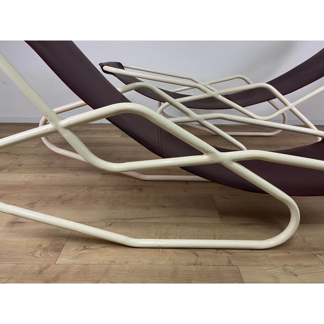 Maroon Set of Italian Painted Iron and Leather Deckchairs, 1950s For Sale - Image 8 of 9