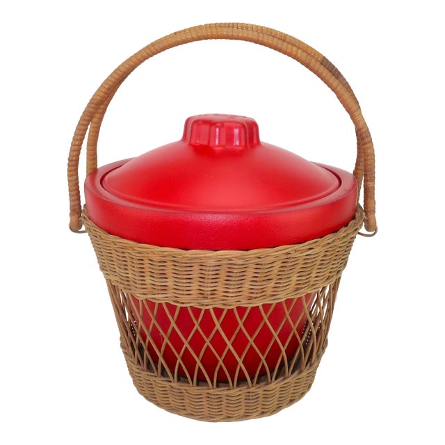 b.f. Goodrich N'icer Red Ice Bucket With Wicker Basket Carrier, 1950's For Sale