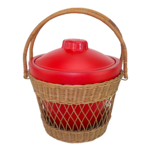 b.f. Goodrich N'icer Red Ice Bucket With Wicker Basket Carrier, 1950's