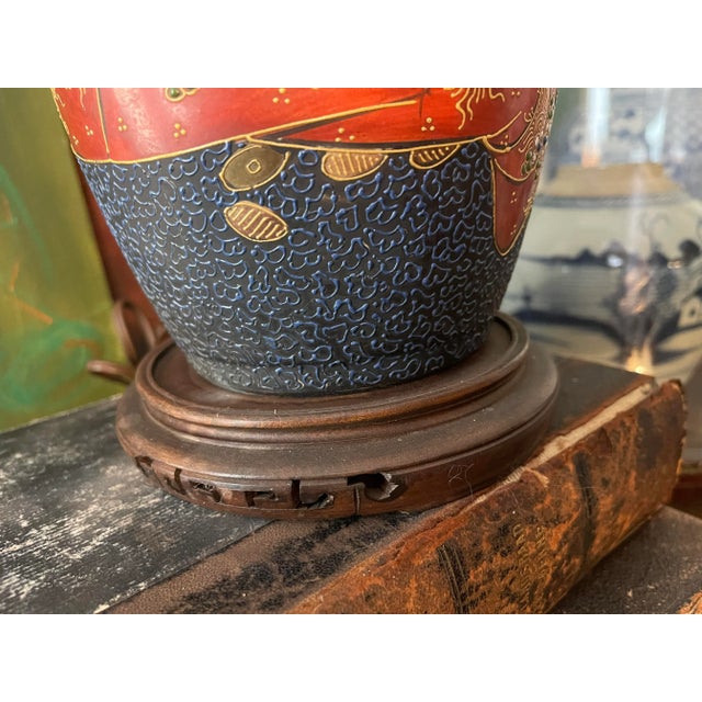 Antique Navy Blue Satsuma Lamp For Sale In Chicago - Image 6 of 12