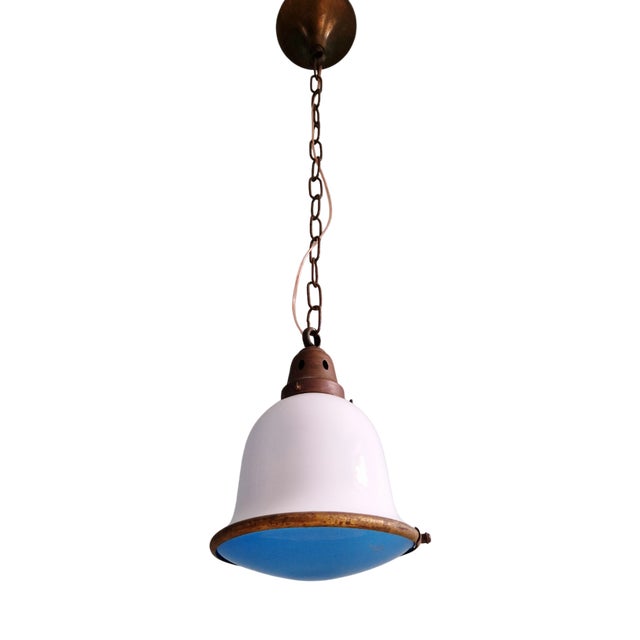 Bauhaus Pendant Light in White Opaline and Blue Satin Glass, 1920s For Sale