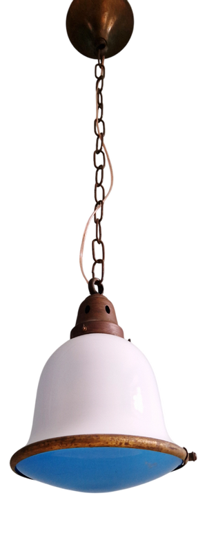 Bauhaus Pendant Light in White Opaline and Blue Satin Glass, 1920s