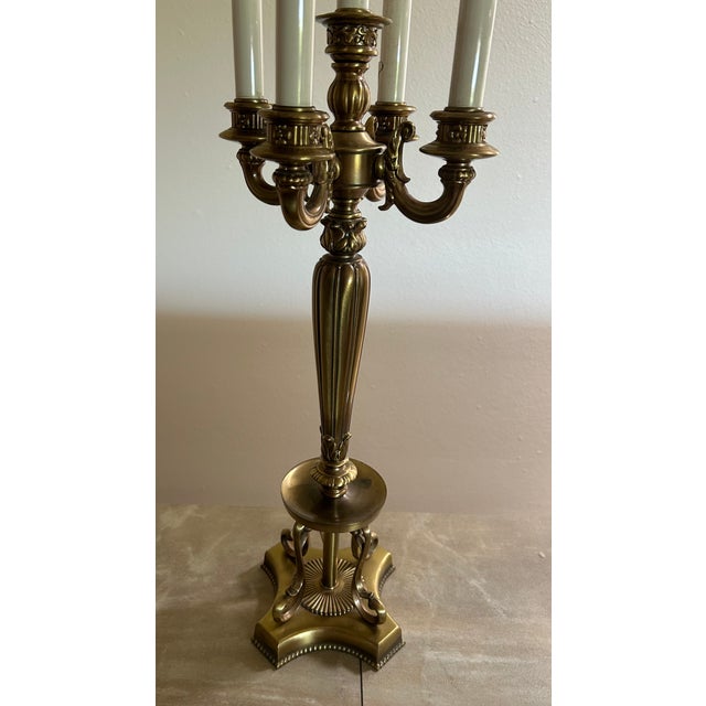 Hollywood Regency Vintage Large Brass Electric 5 Candle Light Candleabra Table Lamp 34" For Sale - Image 3 of 8