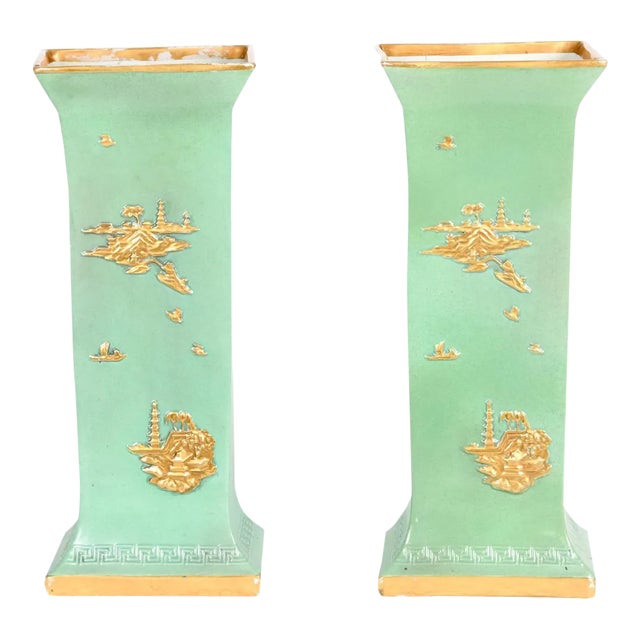 English Glazed / Parcel Gilt Porcelain Vase Pieces - a Pair For Sale