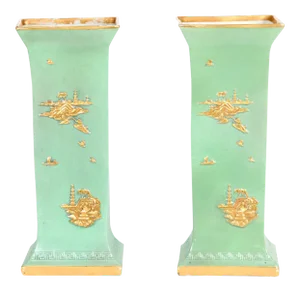 English Glazed / Parcel Gilt Porcelain Vase Pieces - a Pair