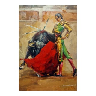 Mid-20th Century Signed Illegibly - Bullfight Scene With Matador, Oil on Canvas For Sale