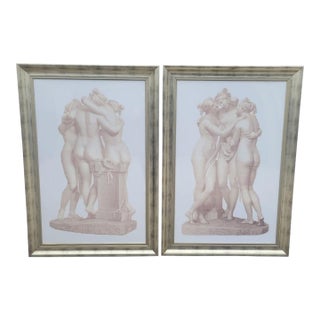 1990s Monumental Sized Distressed Silver Framed Pale Graphic Greek Goddesses Wall Art Reproduction Prints - A Pair For Sale