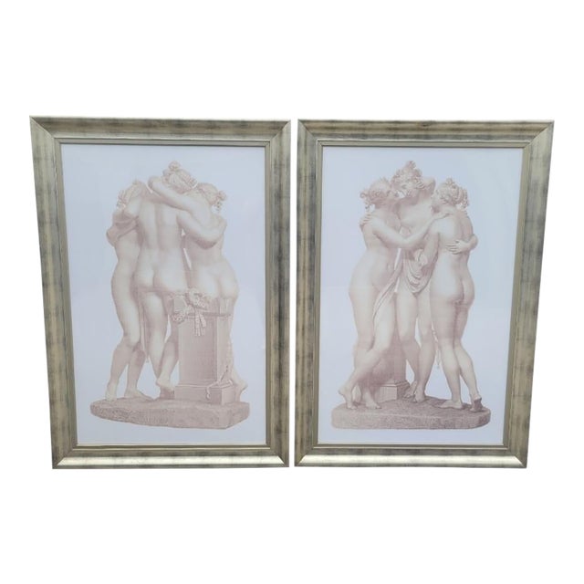 1990s Monumental Sized Distressed Silver Framed Pale Graphic Greek Goddesses Wall Art Reproduction Prints - A Pair For Sale