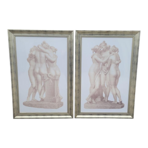 1990s Monumental Sized Distressed Silver Framed Pale Graphic Greek Goddesses Wall Art Reproduction Prints - A Pair