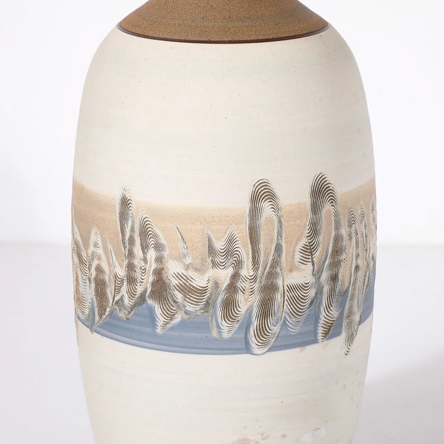 Ceramic Pair of Mid-Century Modernist Off White Ceramic Table Lamps W/ Banded Detailing For Sale - Image 7 of 12