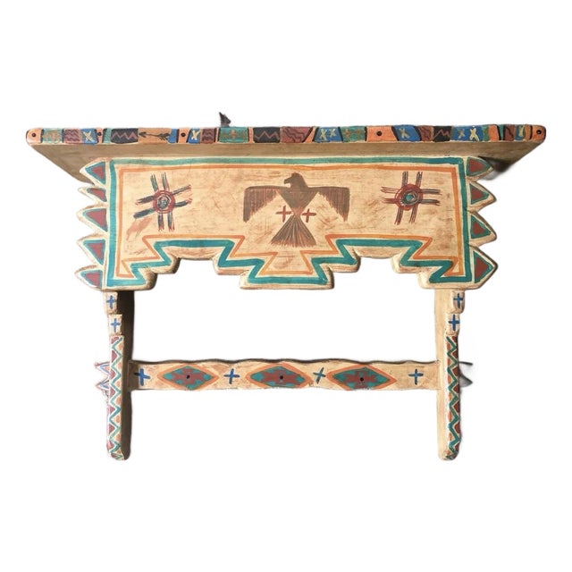 Hand-Painted Native American-Style Wooden Decorative Shelf With Thunderbird Motif For Sale