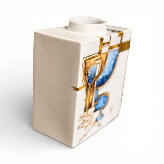 KPM Berlin Vintage Vase With Gold Accents With Blue Bold Geometric ModernIn - Design by Trude Petri Signed For Sale - Image 10 of 10