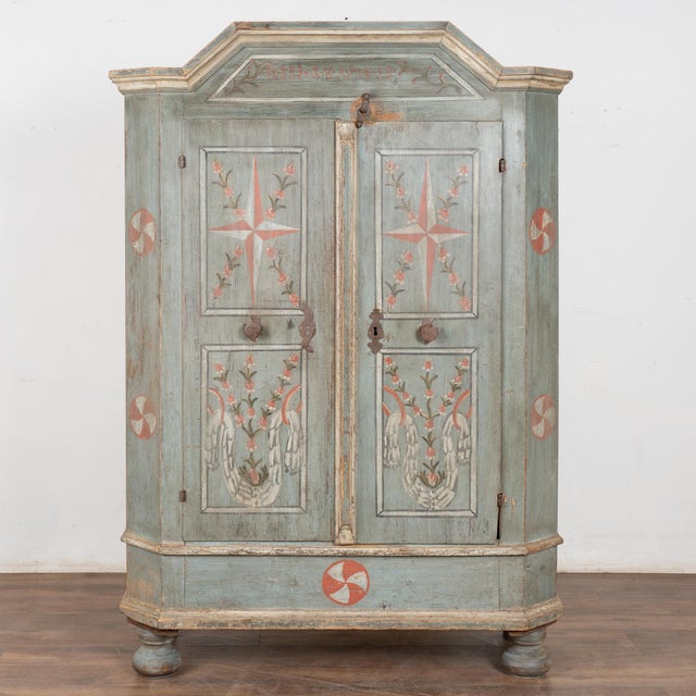 Folk Art Original Blue Painted Pine Two Door Armoire Dated 1810 For Sale - Image 3 of 11