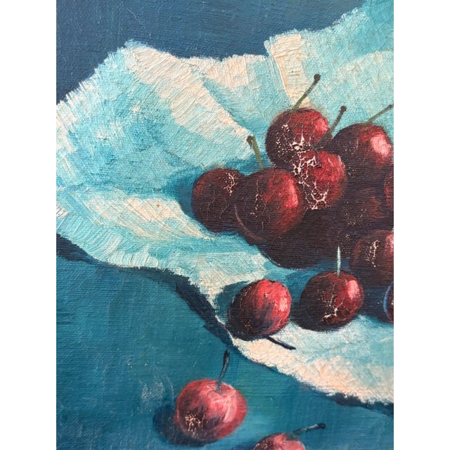 Vintage Still Life Oil Painting With Cherries Blue Signed Ivanisevic For Sale In Miami - Image 6 of 12