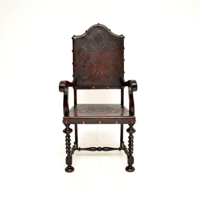 Antique Portuguese Embossed Leather and Walnut Dining Chairs, 1880, Set of 6 For Sale - Image 4 of 11
