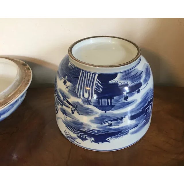 Very large Chinese Export porcelain covered urn or jar decorated with hand painted continuous Canton scenes of landscape,...