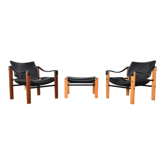 Pair of Mid 20th Century Maurice Burke Safari Lounge Chairs + Ottoman For Sale