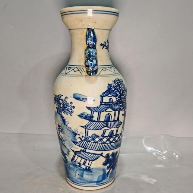 Art Deco Blue and White Porcelain Vases With Landscape Motif - Set of 2 For Sale - Image 3 of 10