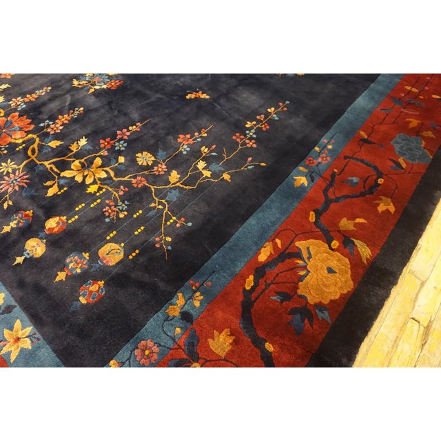 Navy Blue 1920s Vibrant Burst of Floral Antique Floral Vase Chinese Modern Art Deco Rug For Sale - Image 8 of 9
