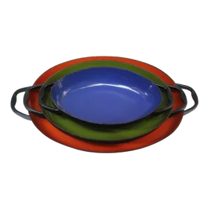 Trio of Vintage Blue, Green, and Orange Enamel Sauté Pans
