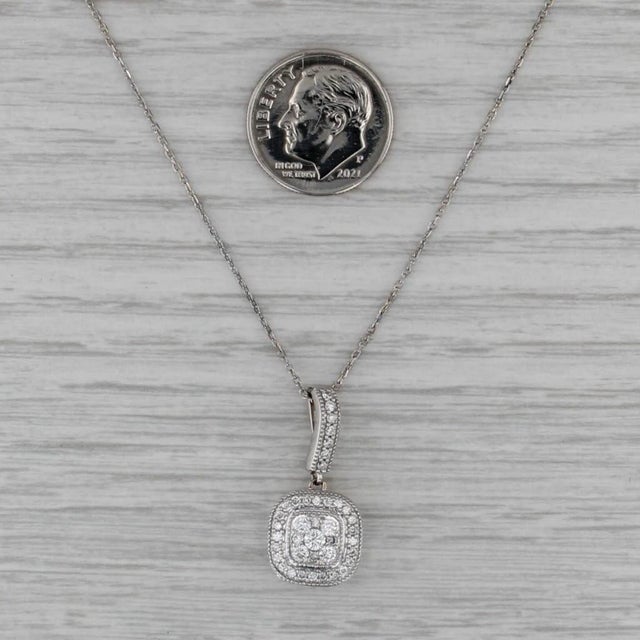 Modern 0.36ctw Diamond Halo Pendant Necklace 14k White Gold 18" Cable Chain For Sale - Image 3 of 6