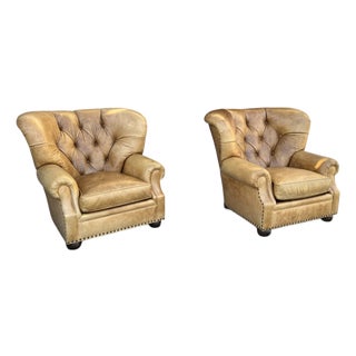 1980s Ralph Lauren Style Leather Writer's Chair Wingback a-Pair For Sale