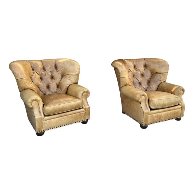 1980s Ralph Lauren Style Leather Writer's Chair Wingback a-Pair For Sale