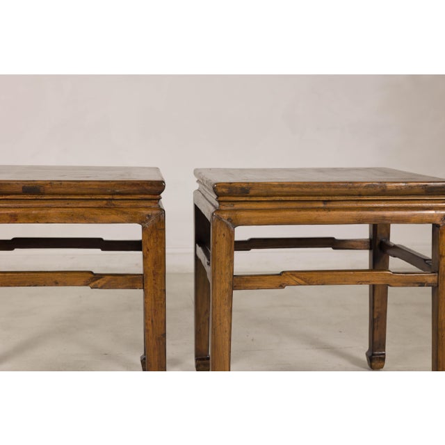 Chinese Pair of Vintage Chinese Hardwood Side Tables with Humpback Stretchers For Sale - Image 3 of 12