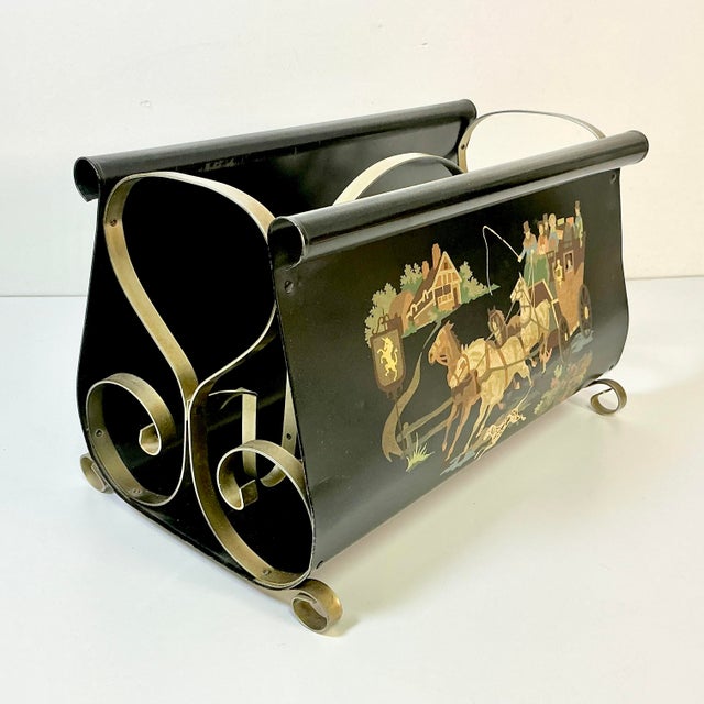 Metal 1950s Vintage Arts & Crafts Boho Chic Hand Painted Tole Metal Magazine Rac For Sale - Image 7 of 12