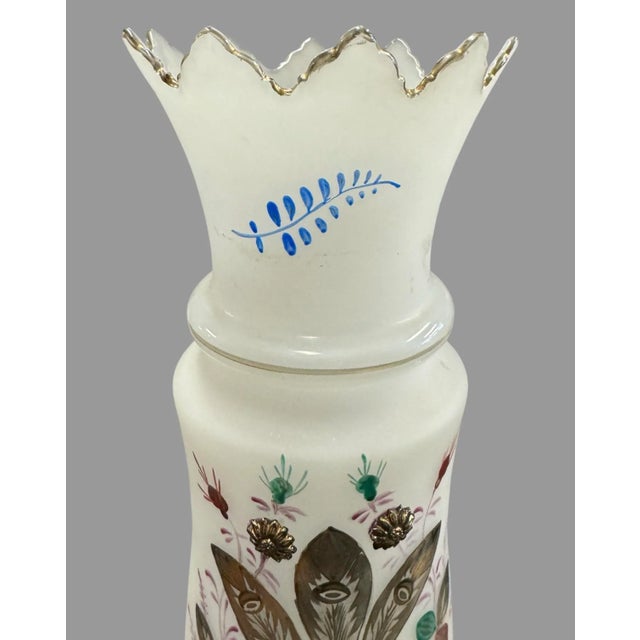 Glass Vintage French Opaline Hand Painted Floral Decorated Art Glass Vase For Sale - Image 7 of 9