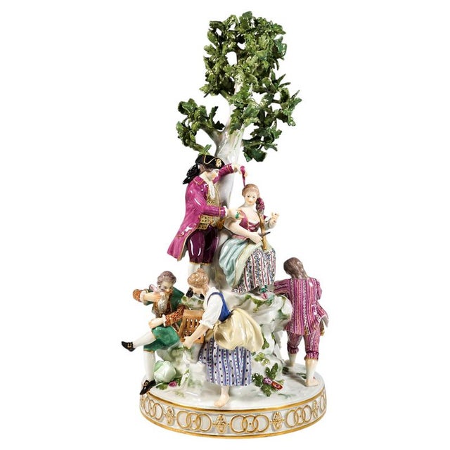 Large Round Porcelain Group with Three Couples at Tree attributed to M.V. Acier for Meissen, 1940 For Sale - Image 13 of 13