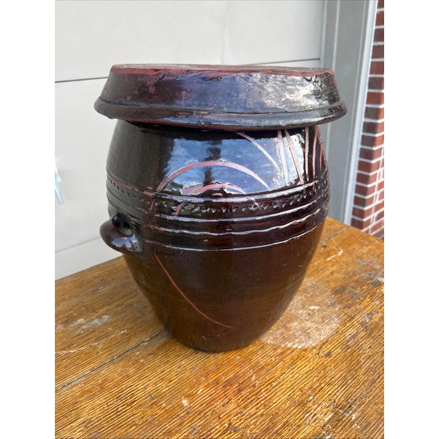A Antique Redware Korean Traditional Onggi Fermentation Jar, w/Lid, Ca. 1920’s Made in Korea, circa 1900-1920’s Deep brown...