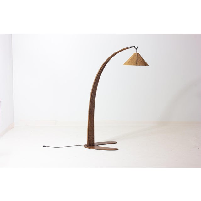 Italian Wood Arc Floor Lamp with Rattan Shade, 1970s For Sale - Image 12 of 18
