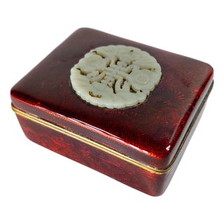 Early 20th Century Japanese Red Enamel Box With Chinese Celadon Nephrite Jade Plaque For Sale