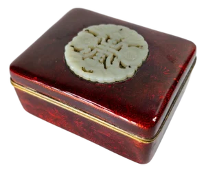 Early 20th Century Japanese Red Enamel Box With Chinese Celadon Nephrite Jade Plaque